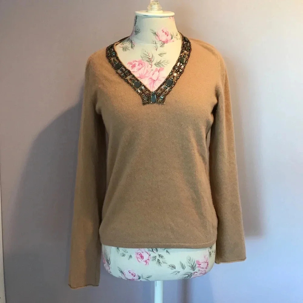 White + Warren tan jeweled neckline sweater size M